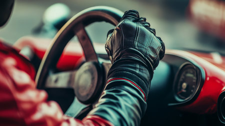 Driver in Leather Gloves Maneuvering Classic Car on Urban Roadの素材