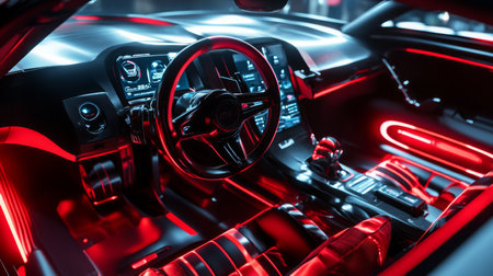 Futuristic Car Interior With Red Ambient Lighting at Nightの素材
