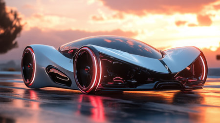 Futuristic Black And White Concept Car Parked At Sunset Along Coastal Roadの素材