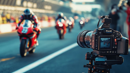 Motorcycles Racing at a Track With a Camera Capturing the Action During Daytimeの素材