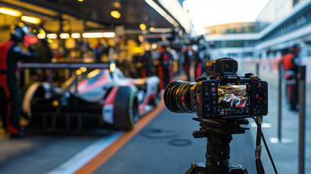 Racing Team Prepares Car in Pit Lane With Camera Capturing Action at Tracksideの素材