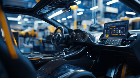 Modern Sports Car Interior in High-Tech Manufacturing Facility at Duskの素材