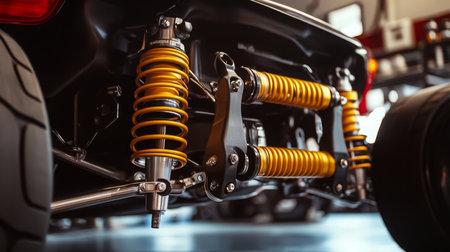Detailed View of Performance Suspension System in a Custom Sports Car Garageの素材