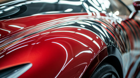 Close-Up of Sleek Red Sports Car Exterior Under Bright Garage Lightsの素材