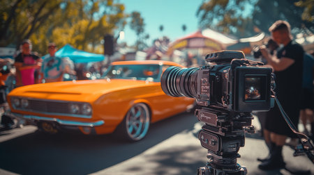 Classic Orange Muscle Car Displayed at Automotive Festival Under Clear Blue Skyの素材