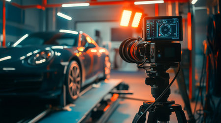 Camera Setup for Automotive Photography in a Dimly Lit Garageの素材