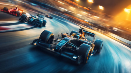 Race Cars Competing at Night in a Fast-Paced Circuit Under Bright Lightsの素材