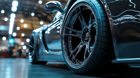 Close-Up of Stylish Black Car Wheel at Auto Exhibition Eveningの素材