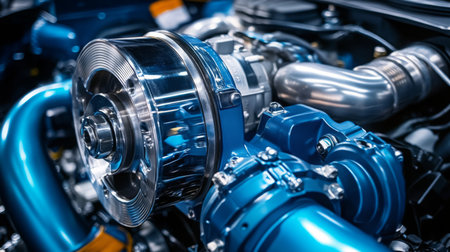 Detailed Close-Up of Turbocharger in High-Performance Engine Bay Under Bright Garage Lightsの素材
