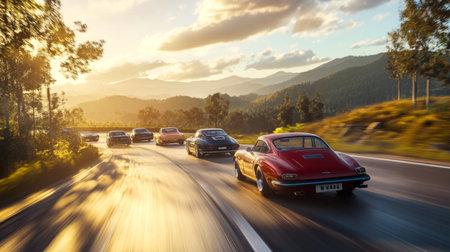 Classic Cars Driving on Scenic Mountain Road During Sunsetの素材