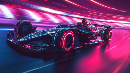 Futuristic Race Car in Motion With Neon Lighting at Nightの素材