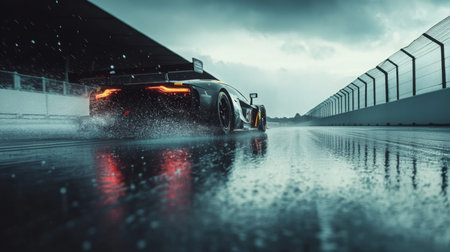Rainy Day Racecar Driving on Wet Track at Dawnの素材