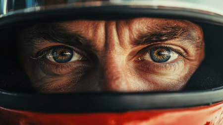 Close-Up of Race Car Driver Wearing Helmet Before Race at Circuitの素材