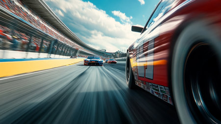 Race Day Action on a Nascar Track With Cars Competing Under Bright Skiesの素材