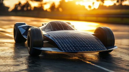 Futuristic Solar Car Design at Sunrise on a Race Trackの素材