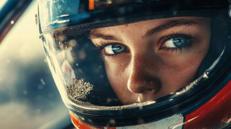 Female Race Car Driver Preparing for Competition in a Racing Helmetの素材