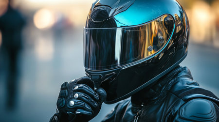 Motorcyclist Preparing for Ride in Urban Setting During Late Afternoonの素材