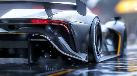 High-Performance Race Car in Dynamic Rain Conditions at a Fast-Paced Racing Eventの素材