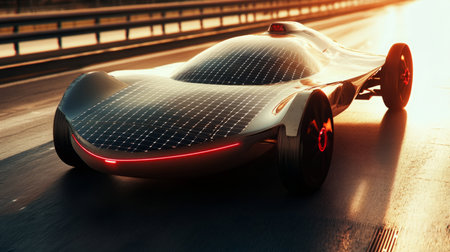 Futuristic Solar-Powered Car Driving on Highway at Sunsetの素材