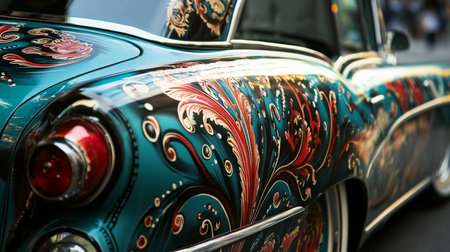 Classic Car With Intricate Floral Paint Job Parked on Urban Streetの素材