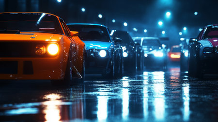 Custom Cars Parked Under Neon Lights on a Rainy Nightの素材