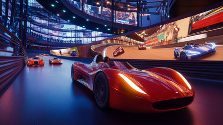 High-Speed Racing Cars in a Futuristic Arena at Duskの素材