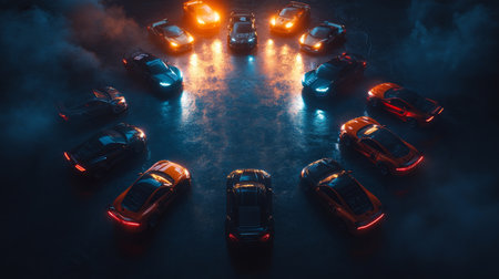 Cars Illuminated in a Circular Arrangement at Night With Dramatic Lighting Effectsの素材