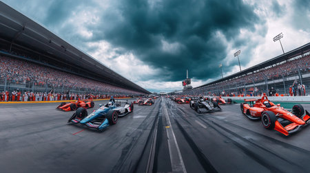 IndyCar Race Start at an Iconic Venue Under Dramatic Skiesの素材