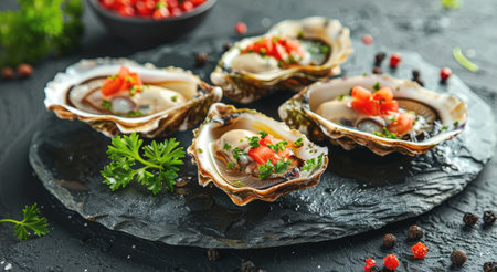 Freshly Shucked Oysters Topped With Tomatoes and Herbs on a Slate Platterの素材