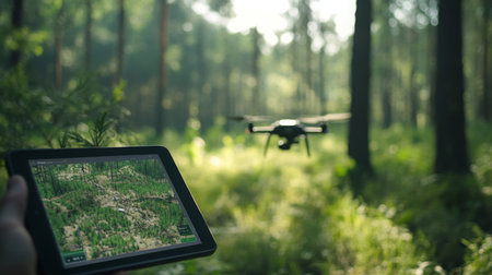 Drone Surveying Forested Area Using A Control Tablet on Sunny Dayの素材