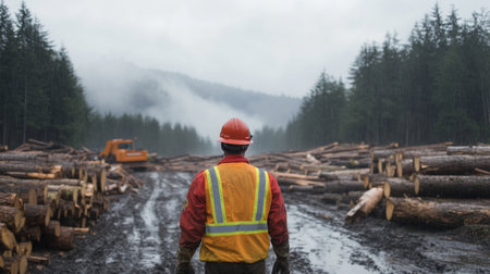 Logger Surveying Stacked Lumber in Foggy Forest During Overcast Dayの素材