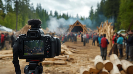 Outdoor Festival With Crowd and Camera Setup in Forested Areaの素材