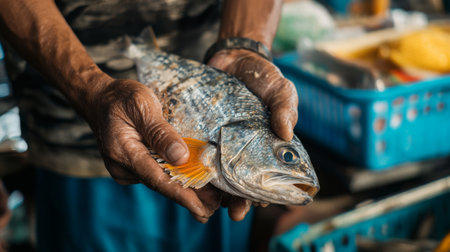 Fisherman Holding Freshly Caught Fish at Local Market in the Morning Hoursの素材