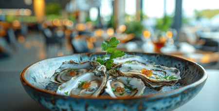 Fresh Oysters Served With Garnish in Modern Restaurant Settingの素材