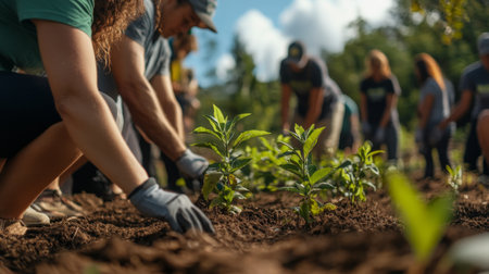 Community Members Planting Young Trees in a Sunny Forest During Volunteer Dayの素材