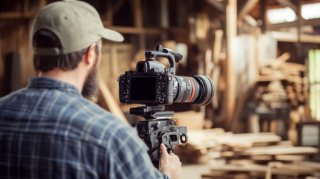 Photographer Setting Up Camera in a Rustic Workshop During Daytimeの素材