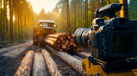 Logger Operating Machinery Near Stacked Logs at Sunrise in a Forestの素材