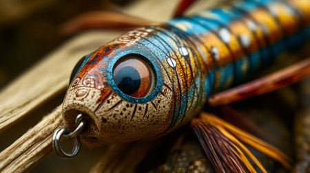 Colorful Wooden Fishing Lure on Natural Background in Late Afternoon Lightの素材