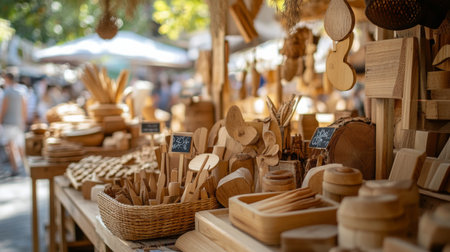 Wooden Crafts Market Stall in Early Afternoon With Artisan Handcrafted Productsの素材