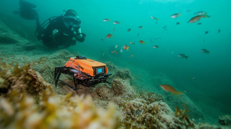 Underwater Robot Exploring Coral Reef With Diver Observing in Clear Waterの素材