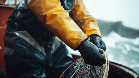 Fisherman Pulling In Crabbing Net During Rainy Weather at Seaの素材