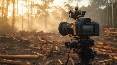 Camera Positioned in Forest at Sunset With Mist Surrounding Cleared Wooded Areaの素材