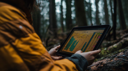Forest Research During Foggy Morning With Data Collection Tabletの素材