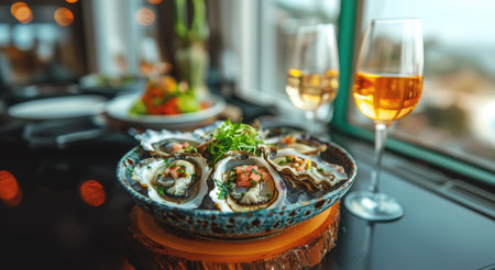 Fresh Oysters With Toppings and White Wine at Coastal Restaurant in Late Afternoonの素材