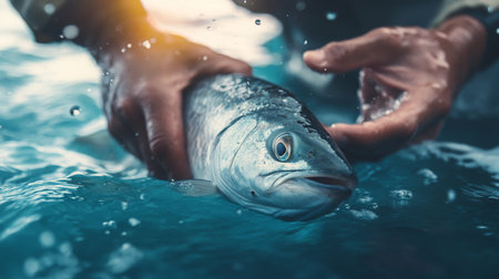 Catching Fish in Clear Waters During Early Morning Lightの素材