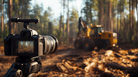 Camera Capturing Heavy Machinery Working in Forest Clearing During Daylightの素材