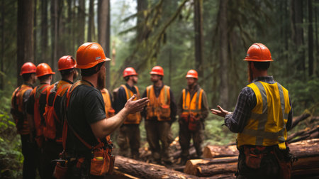 Forest Workers Conducting Safety Training in Northwest Timberland During Overcast Morningの素材