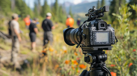 Camera on Tripod Capturing Group of Hikers in Colorful Wildflower Meadow in Daylightの素材