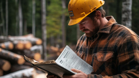 Logger Reviewing Plans in Forest Campground During Autumnの素材