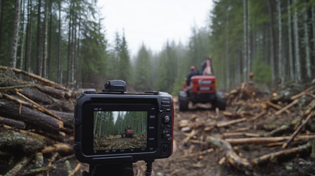 Logging Activity in Forest With Tractor and Surveillance Camera at Duskの素材